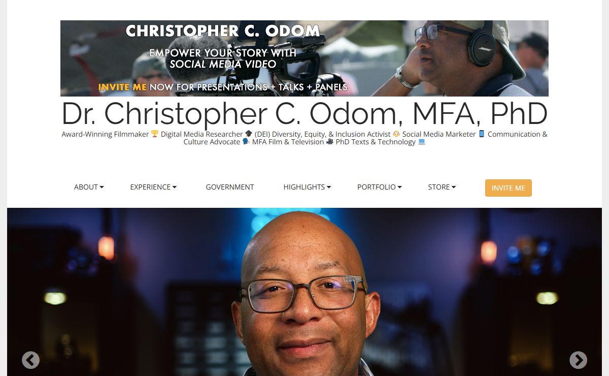 Dr. Christopher C. Odom, MFA, PhD – Award-Winning Filmmaker 🏆 Digital Media Researcher 🎓 (DEI) Diversity, Equity, & Inclusion Activist ⚖️ Social Media Marketer 📱 Communication & Culture Advocate 🗣️ MFA Film & Television 🎥 PhD Texts & Technology 💻