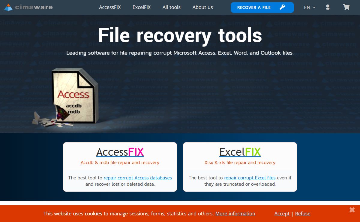 File repair for Access, file repair for Excel and for other Microsoft Office files | Data recovery software for accdb, mdb, xlsx, xls & more. | Cimaware Software
