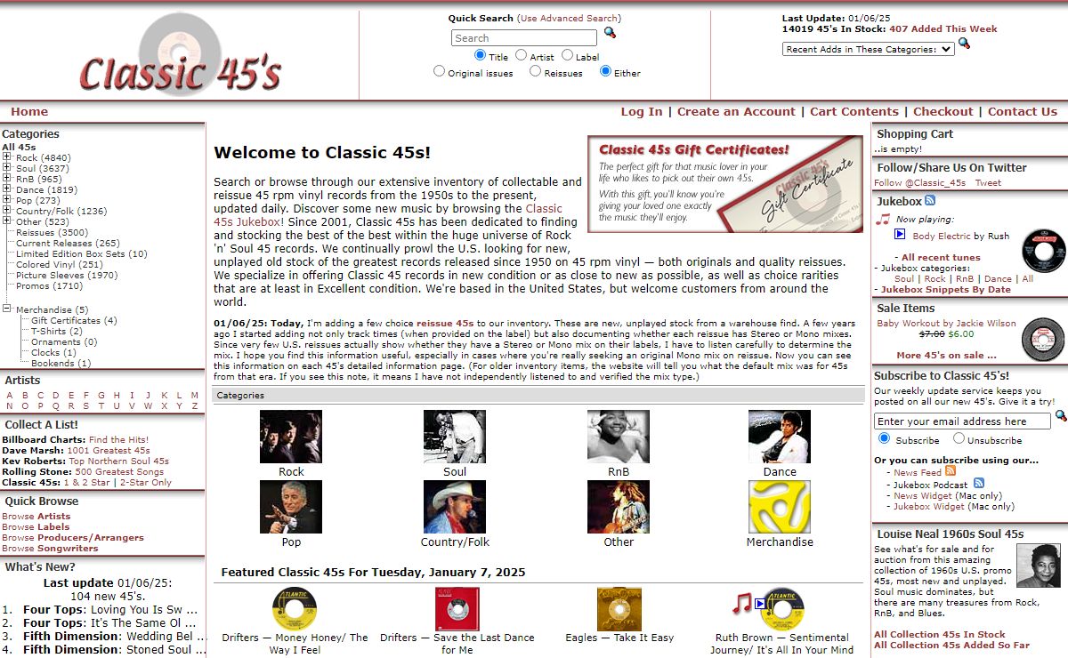 Classic 45's on the Web: Rare 45 records store featuring collectible and jukebox 45s for sale--Soul 45s, Northern Soul 45s, Rock 45s, Doo-wop 45s, RnB 45s, and large virtual boxes of old vinyl 45 rpm records