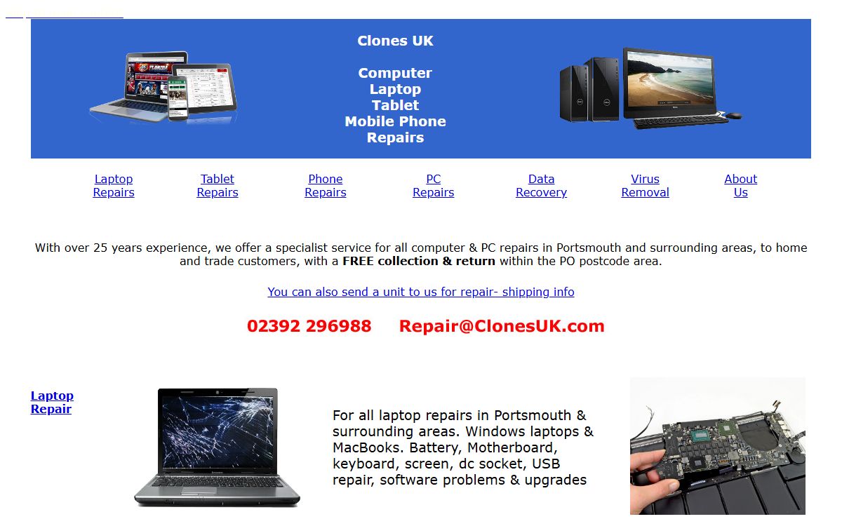 Clones UK Computer Services - PC Computer Repairs portsmouth, Laptop Repairs portsmouth, Tablet Repairs portsmouth, Mobile Phone Repairs portsmouth, Virus Removal, Data Recovery in Portsmouth