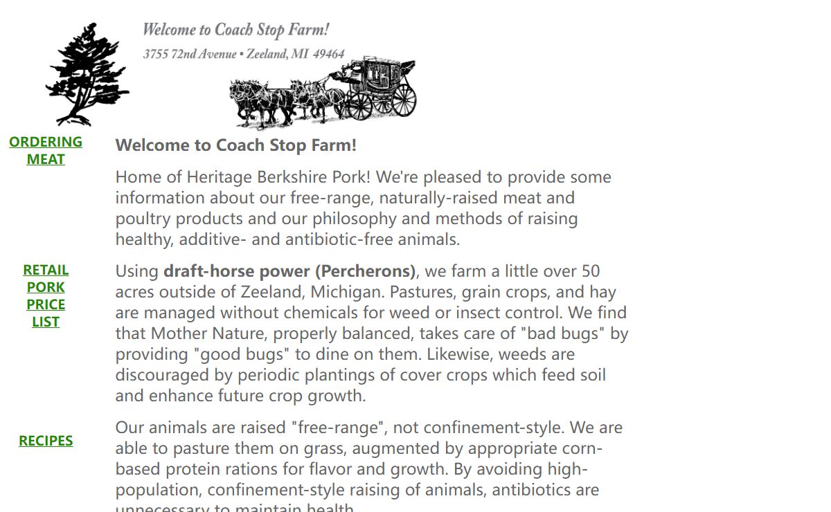 Coach Stop Farm naturally raised Free-Range Berkshire pork, chicken, turkey and lamb, organic farming