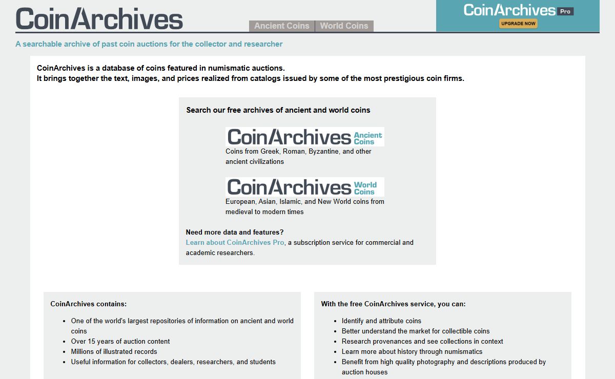 CoinArchives.com: Numismatic and Market Research for Coins and Medals