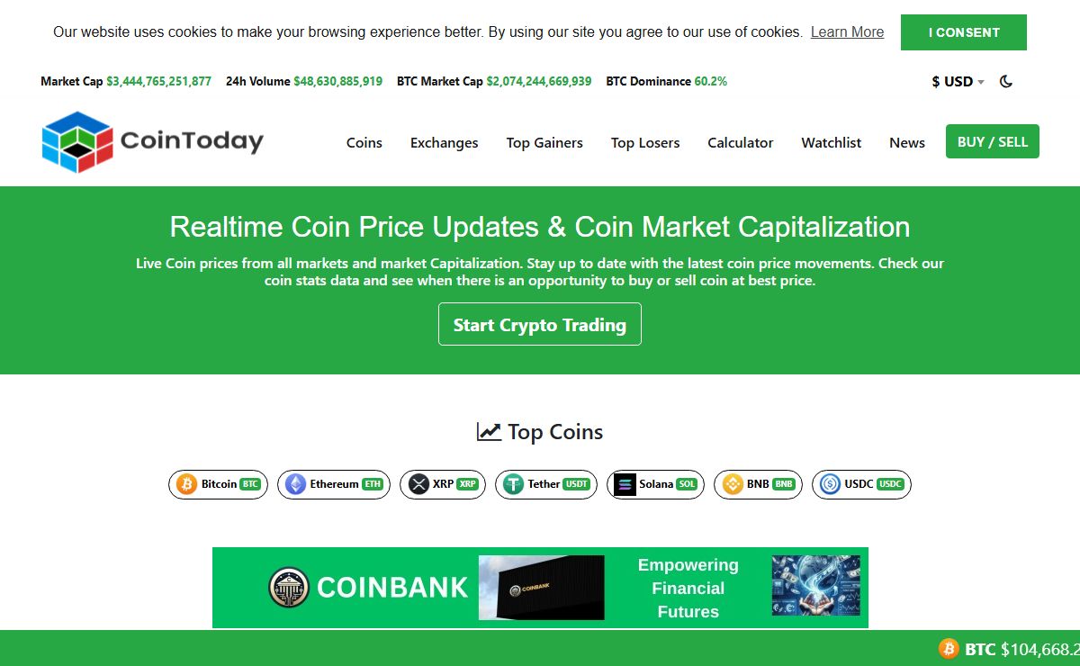 COINTODAY - Coin Market Cap, Live Prices, Charts & Ticker