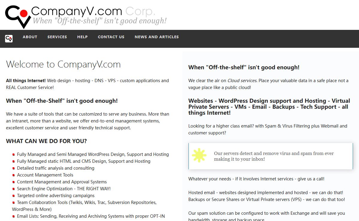 Company V: Spam and Virus-Free Email hosted Websites, Internet Marketing, Training, Design, Customer Service