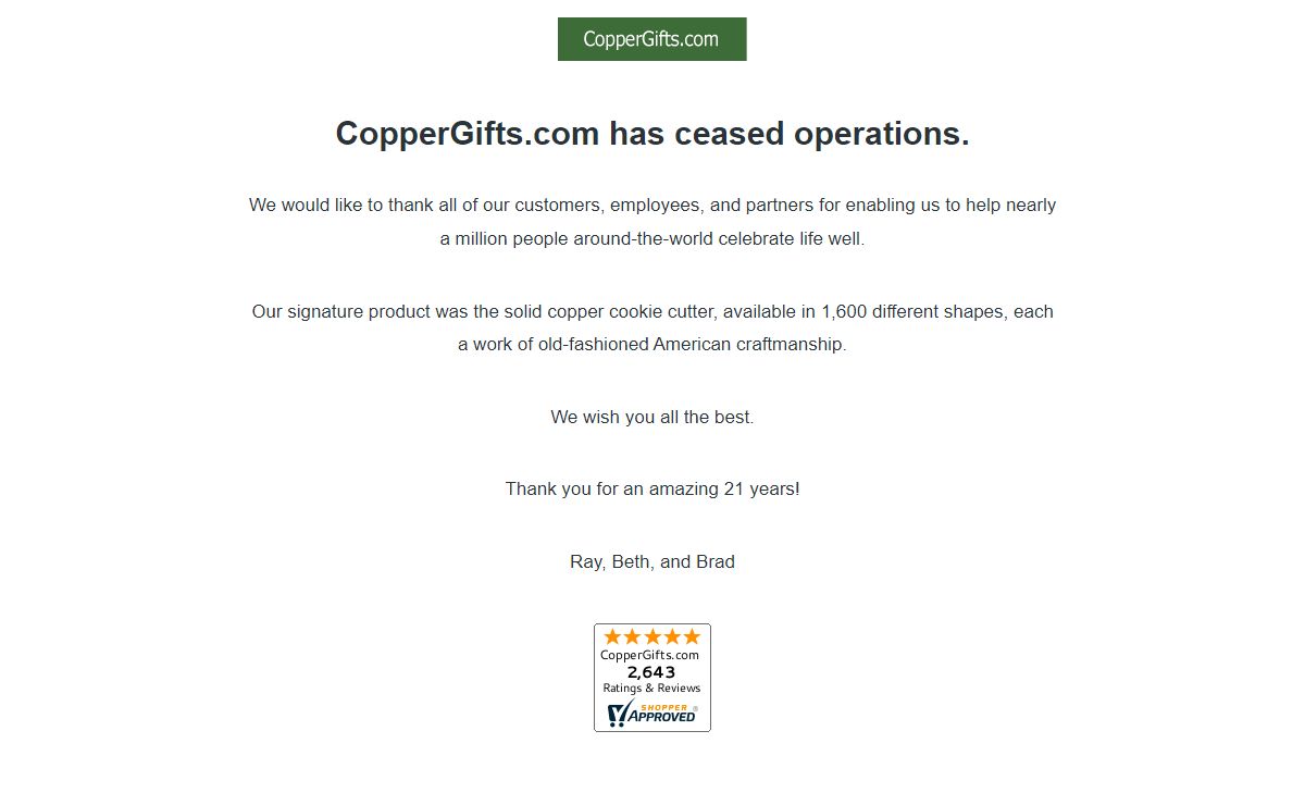 CopperGifts.com has ceased operations.