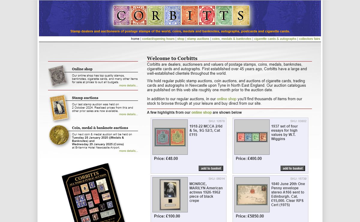 Stamp auctions and coin auctions by Corbitt Stamps, philatelic and numismatic dealers and auctioneers.