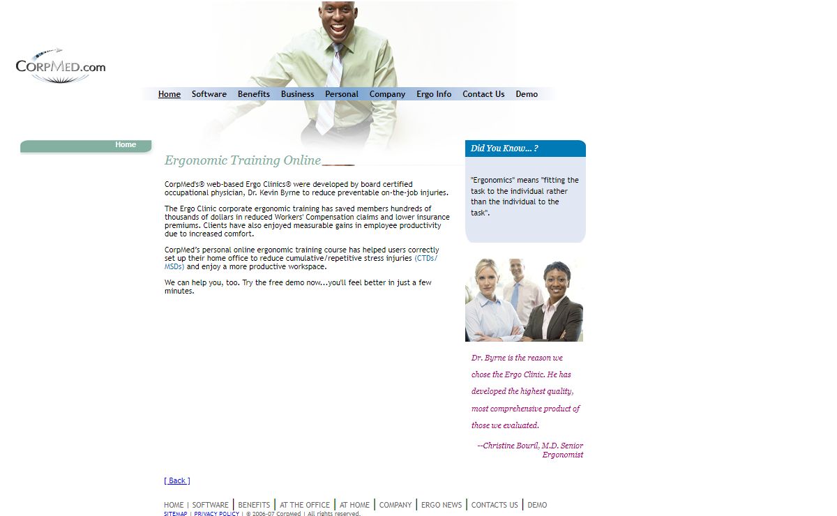 Corp Med - Ergonomic Online Training. Helps you reduce cumulative/repetitive stress injuries (CTDs/ RSIs)