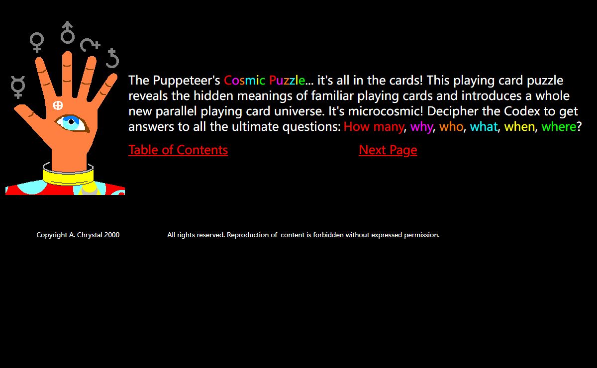 The Puppeteer's Cosmic Puzzle - a microcosmic deck of cards for exploring the science and symbolic origins of everyday experience of the cosmos through familiar images, symbols, and games.