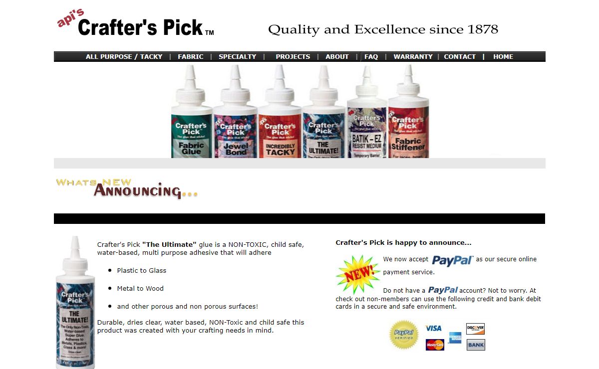 Crafter's Pick Craft Glues, The Ultimate Glue, Incredibly Tacky, Brush Strokes, Memory Mount, Jewel Bond, Sand N Stain, Batik EZ, Craqeuluer, Images to Fabric