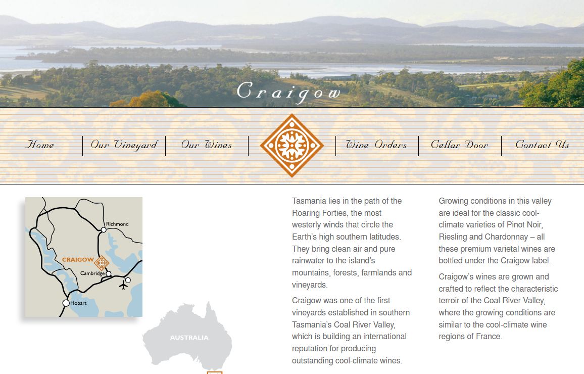 Craigow Vineyard, Cambridge Tasmania Australia | Tasmanian wine including Pinot Noir, Chardonnay, Sauvignon Blanc, Riesling, Sparkling Merlot N.V., Dessert Riesling