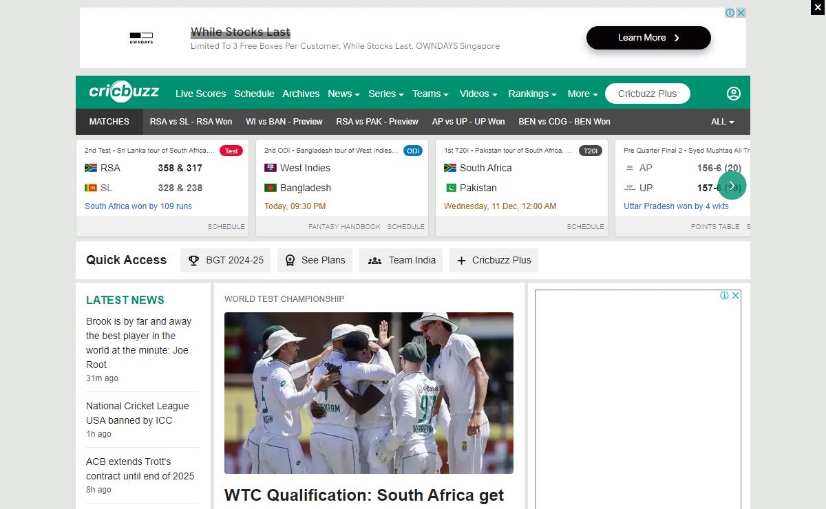 Live Cricket Score, Schedule, Latest News, Stats & Videos | Cricbuzz.com