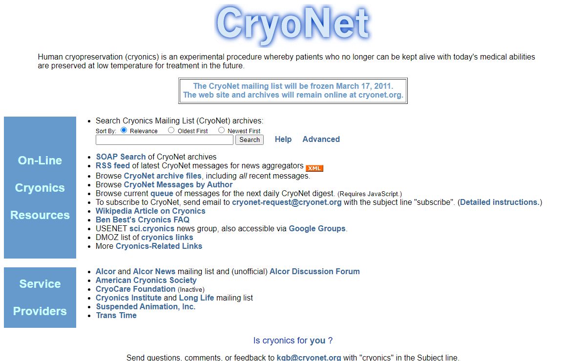 CryoNet - Cryonics Mailing List