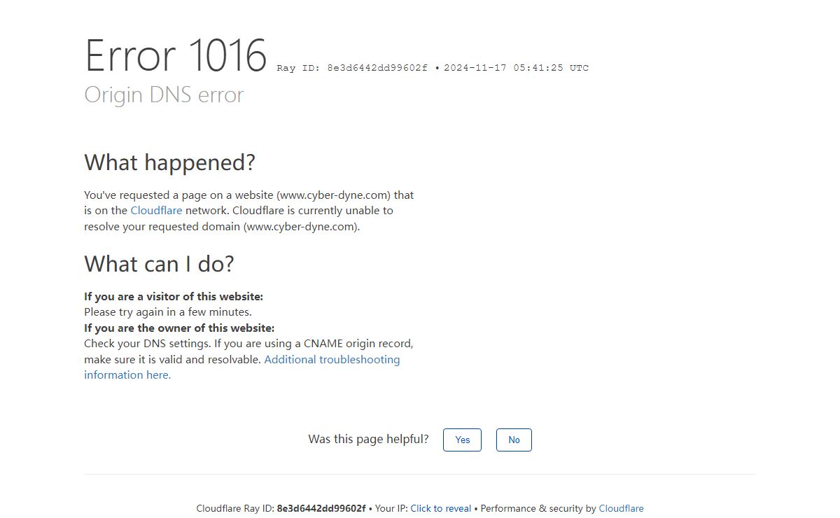 Origin DNS error | www.cyber-dyne.com | Cloudflare