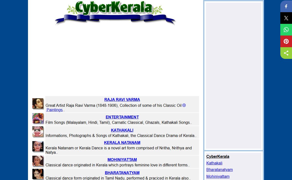 Cyber Kerala - Kathakali, Raja Ravi Varma Oil Paintings, Bharatanatyam, Mohiniyattam, Arts, Koodiyattam, Handicrafts, Greeting Cards, Mudiyettu, Theeyattu, Kalamezhuthu, Sabarimala, Guruvayoor, Fashion, Gold
