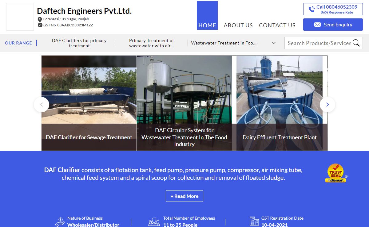 Daftech Engineers Pvt.Ltd., Sas Nagar - Exporter of DAF Clarifiers for primary treatment and Primary Treatment of wastewater with air flotation