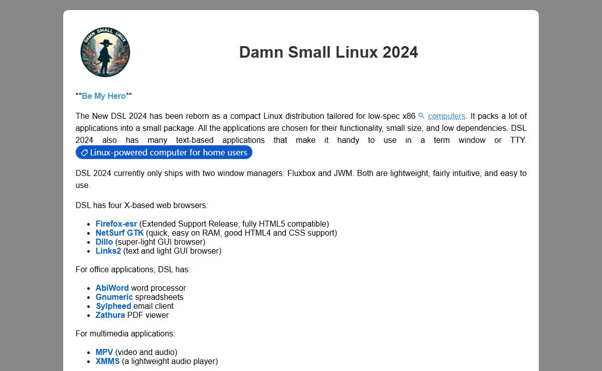 Damn Small Linux, DSL 2024 Information