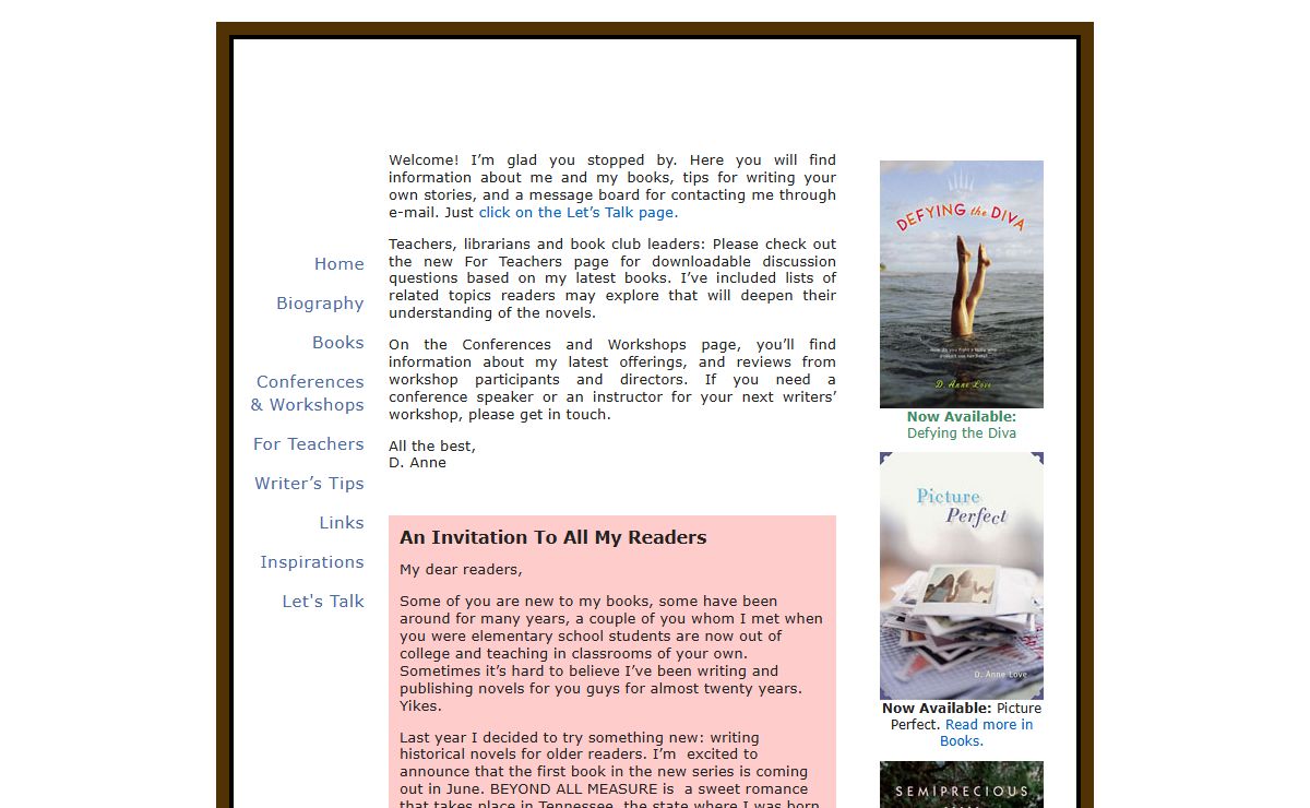 D. Anne Love, Author of Defying the Diva, Picture Perfect, Semiprecious