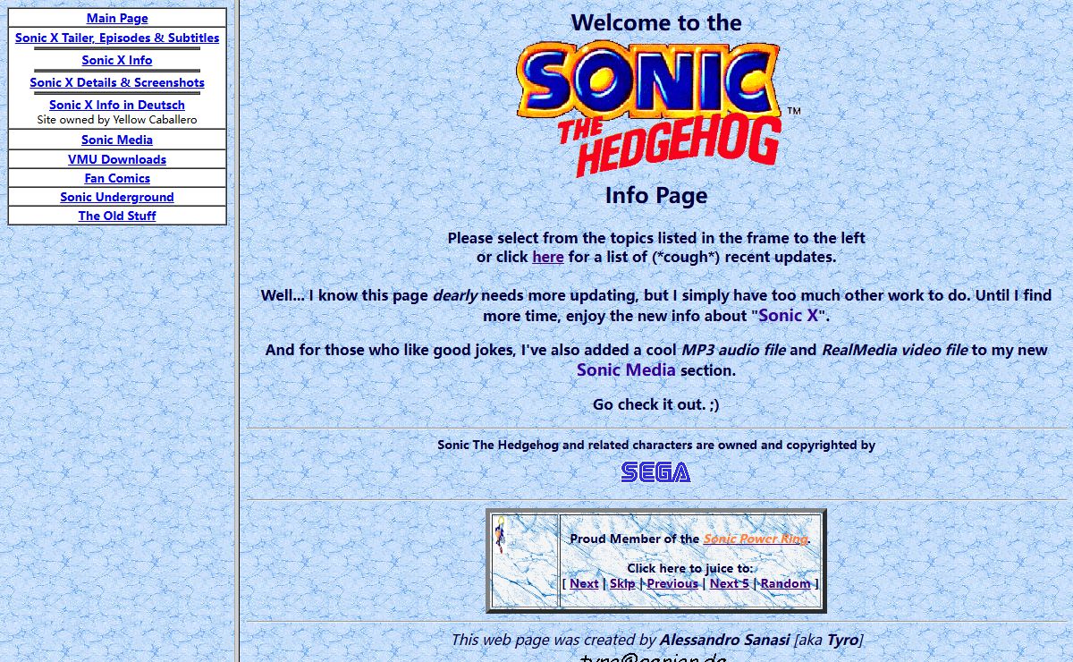 Sonic the Hedgehog Info Page.