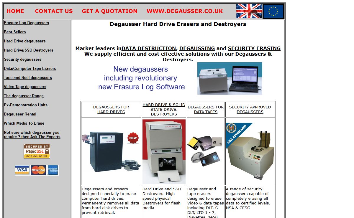 Degausser.co.uk = one stop total magnetic media erasure, degauss for security hard drives, server drives, tapes, floppy disks, video, DAT, data