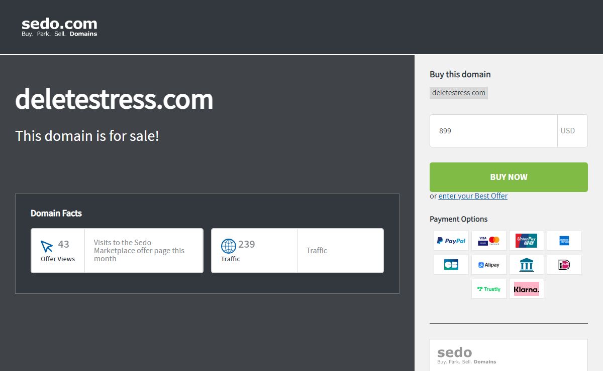 deletestress.com is available for purchase - Sedo.com