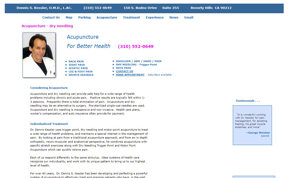 Acupuncture - Dennis S. Kessler, O.M.D., L.AC. -- Beverly Hills .. Los Angeles .. California - West Los Angeles - Acupuncturist - (310) 552-0649 - Dry Needling Acupuncture