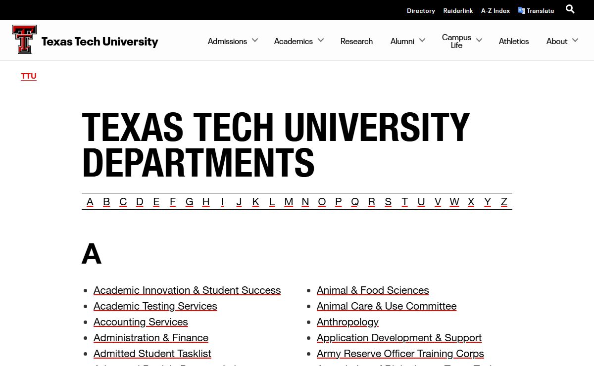 Texas Tech University Departments | TTU