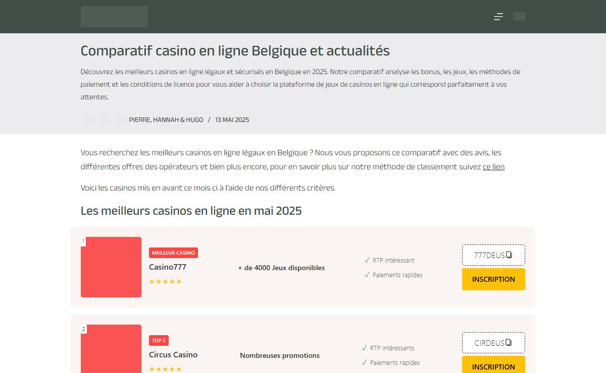 Comparatif casino en ligne Belgique et actualités