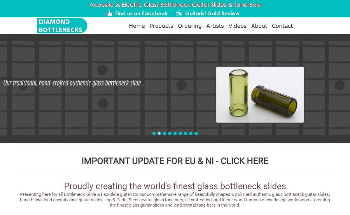 Acoustic and Electric Custom-made Glass and Bottleneck Guitar Slides - Diamond Bottlenecks : Home Page