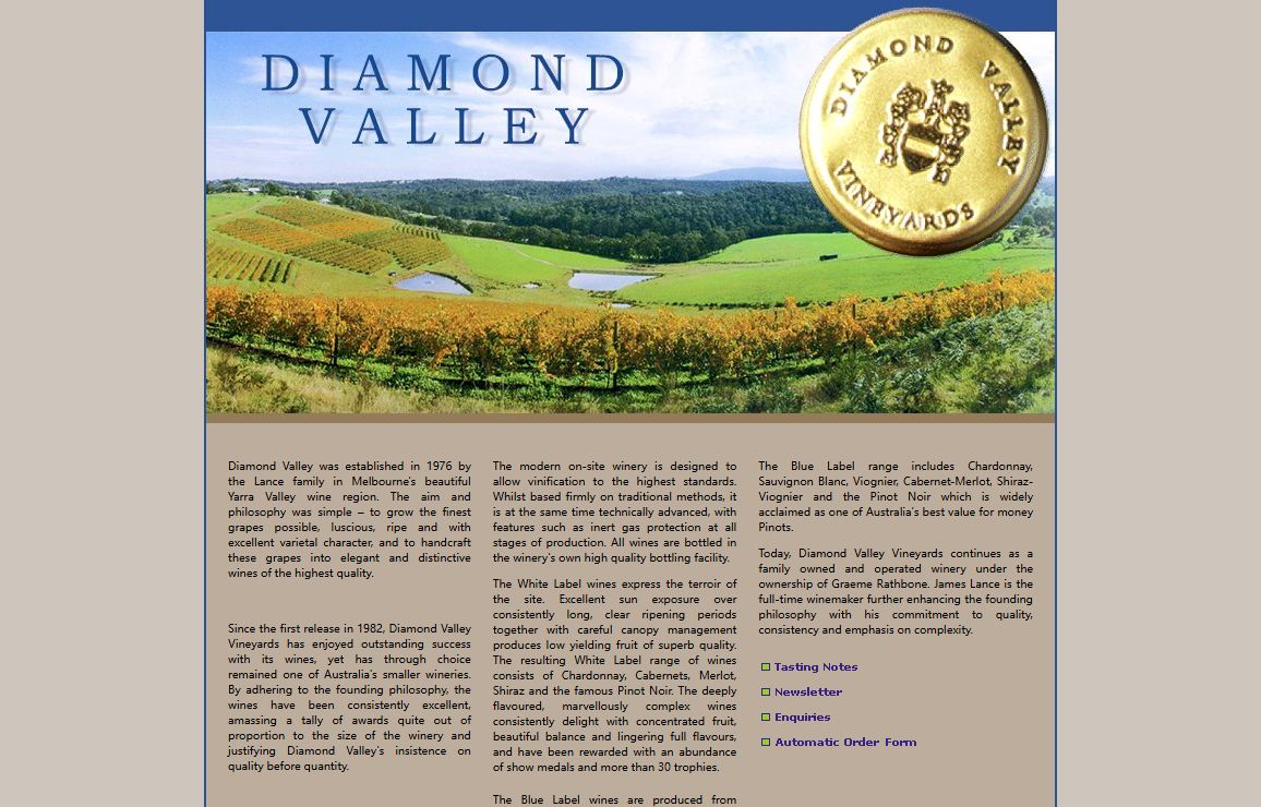 Diamond Valley Vineyards - small Yarra Vallery Australia winery, hand made finest red and white wines - pinot noir, order, online