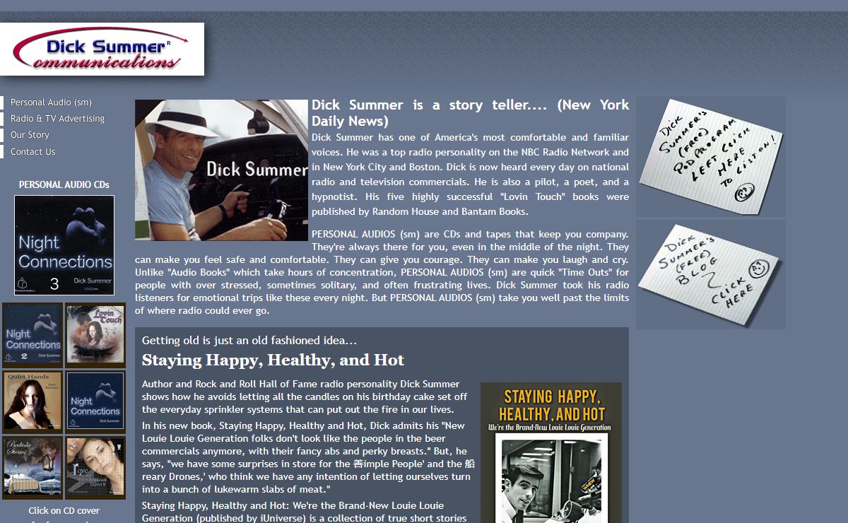 Dick Summer;TV and Radio Advertising:Voiceovers, Commercials, Loving Touch, Corporate Branding, Fear, Relaxation, Motivation, Relationships, Audio Books, Recorded Books and Bedtime Stories