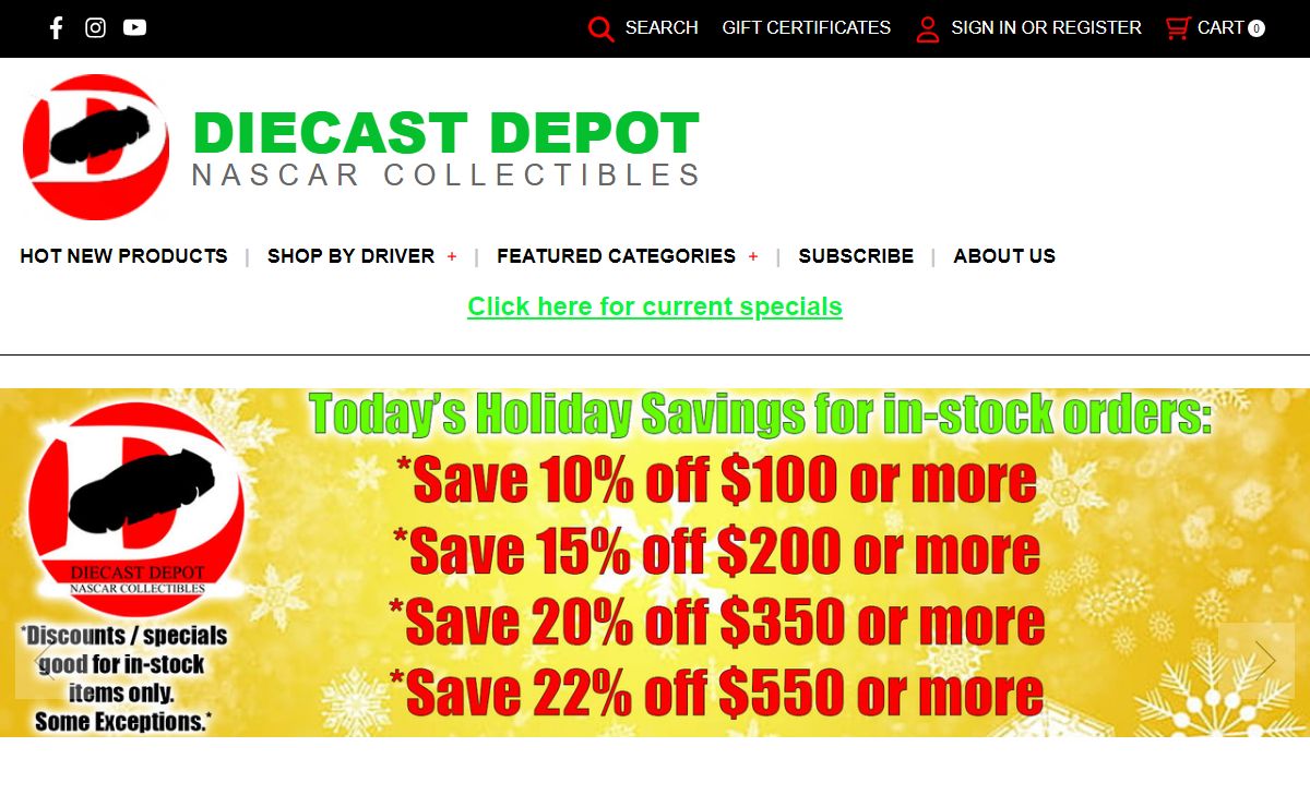 Nascar diecast, diecast collectibles, autographed cars at Diecast Depot