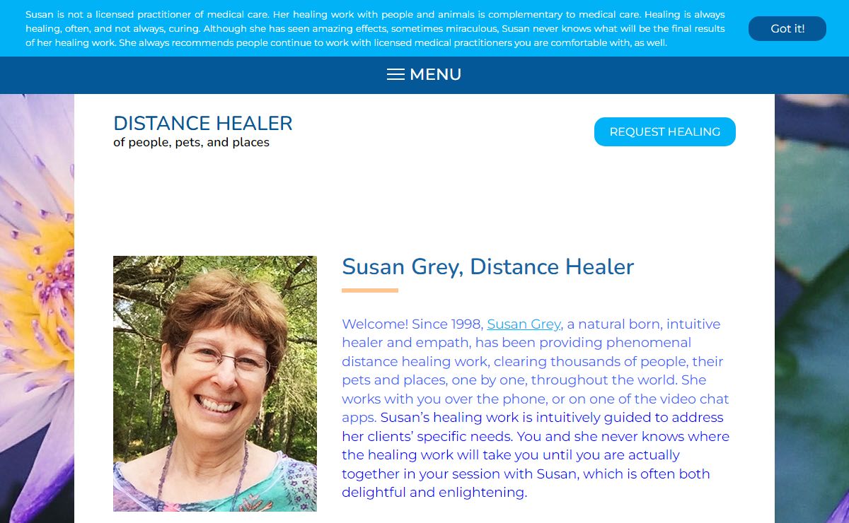 Susan Grey, Intuitive Distance Healer of People, Pets and Places