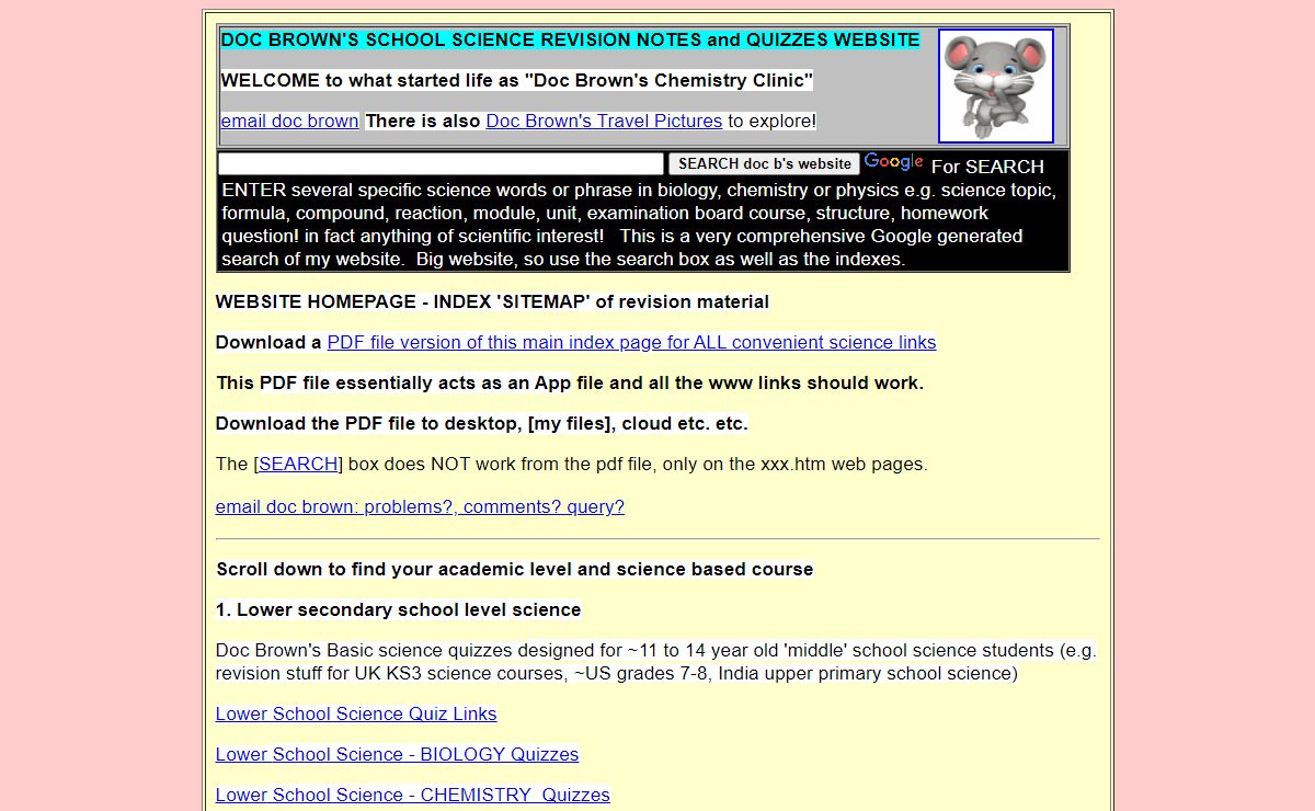 Free online Doc Brown's CHEMISTRY revision website by retired science education teacher notes teaching and learning revising biology chemistry physics UK GCSE IGCSE AQA Edexcel OCR revision guides GCSE IGCSE A level chemistry USA US grades India Indian