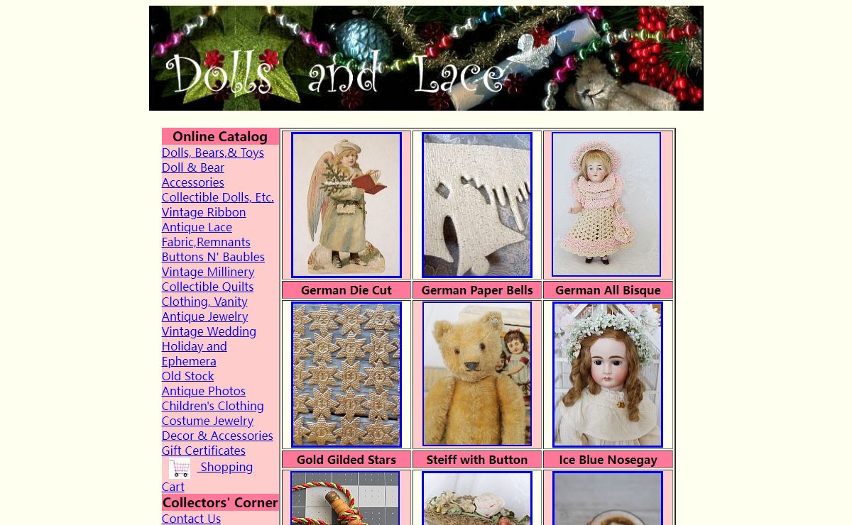 Antique dolls and teddy bears, vintage silk flowers, lace, ribbon , clothing, decor: Dolls and Lace.com