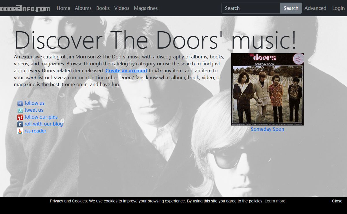 Jim Morrison & The Doors music discography. An extensive catalog of albums, books, videos, and magazines.