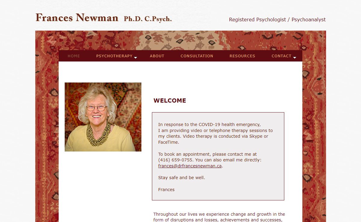 Psychologist Psychoanalyst Toronto Downtown | Home | Frances Newman