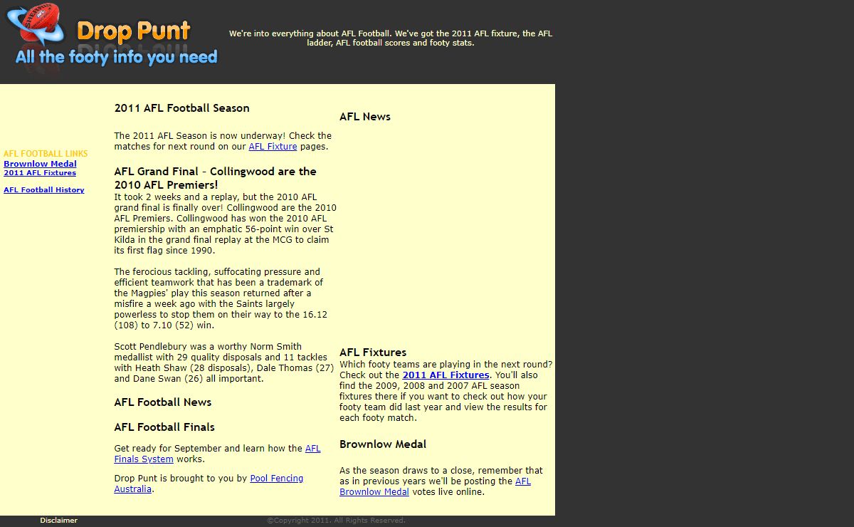 AFL Football - AFL scores, AFL Football ladder, 2011 AFL fixture. Read the latest AFL Footy news.
