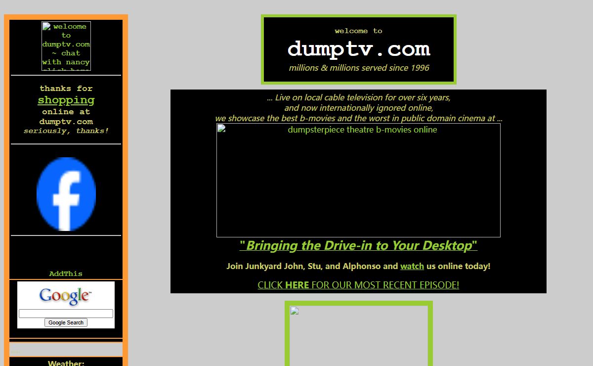 DUMPTV.COM - Dumpsterpiece Theatre online classic movie video series + eeyore-gifts.com + Nancy's Holidaze + Gifts for Men + Family Photo Gallerys + 100acregifts.com