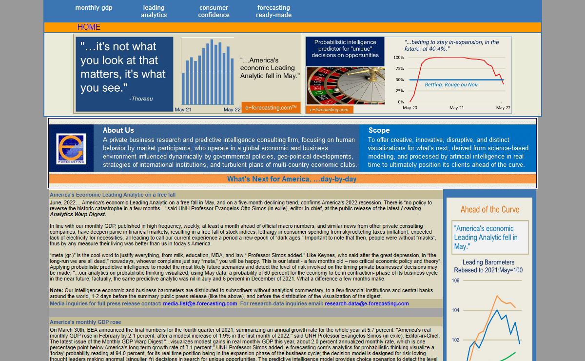 index page of e-forecasting offering U.S. monthly GDP and recessions, U.S. economic leading analytics and U.S. consumere confidence