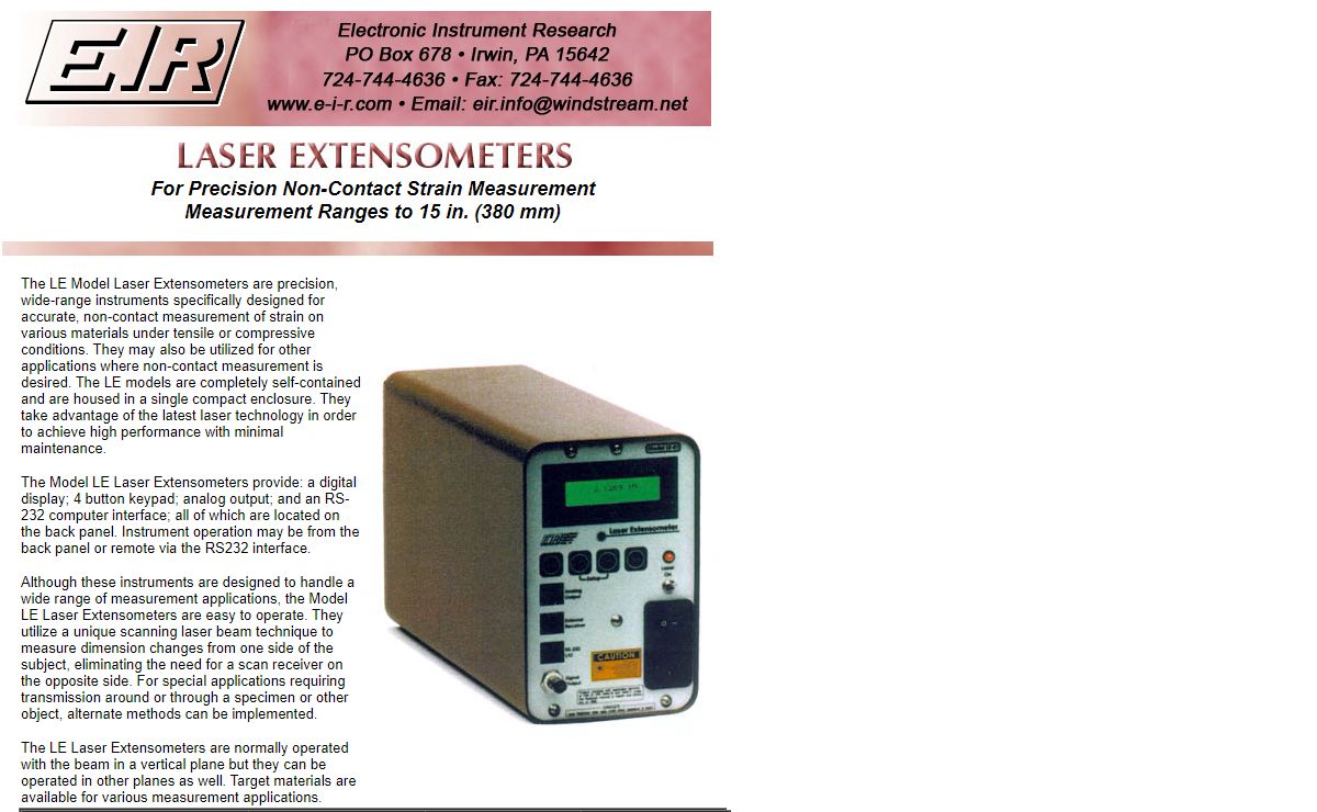 Electronic Instrument Research - Manufacturer of Precision Laser Extensometers and related Strain Measurement Devices