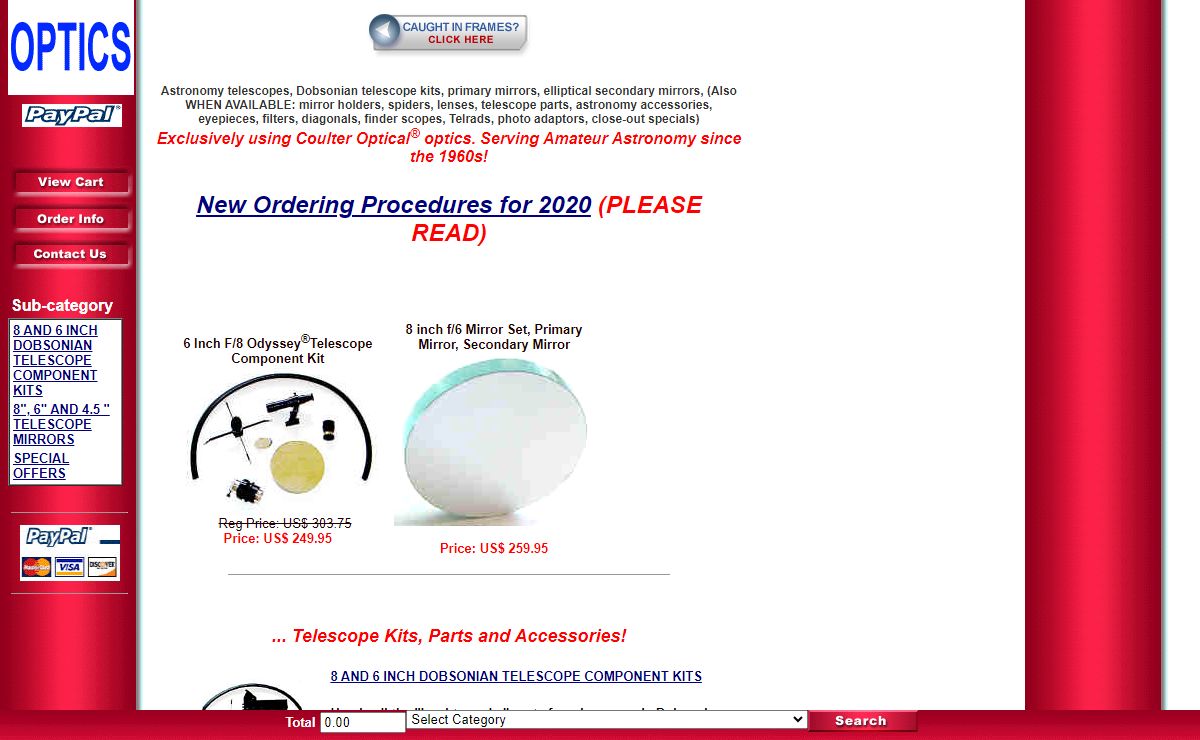 "Astronomy" Telescopes, Dobsonian Kits, Telescope Mirrors, Parts