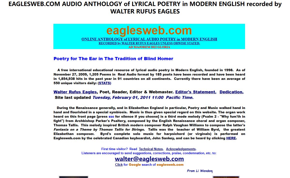 EAGLESWEB.COM  ANTHOLOGY of LYRICAL AUDIO POETRY in MODERN ENGLISH, recorded by Walter Eagles