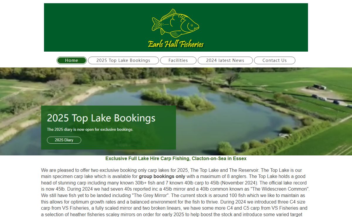 Earls Hall Fisheries, Exclusive Carp Fishing Lake hire for group bookings, Clacton-on-Sea, Essex - Home