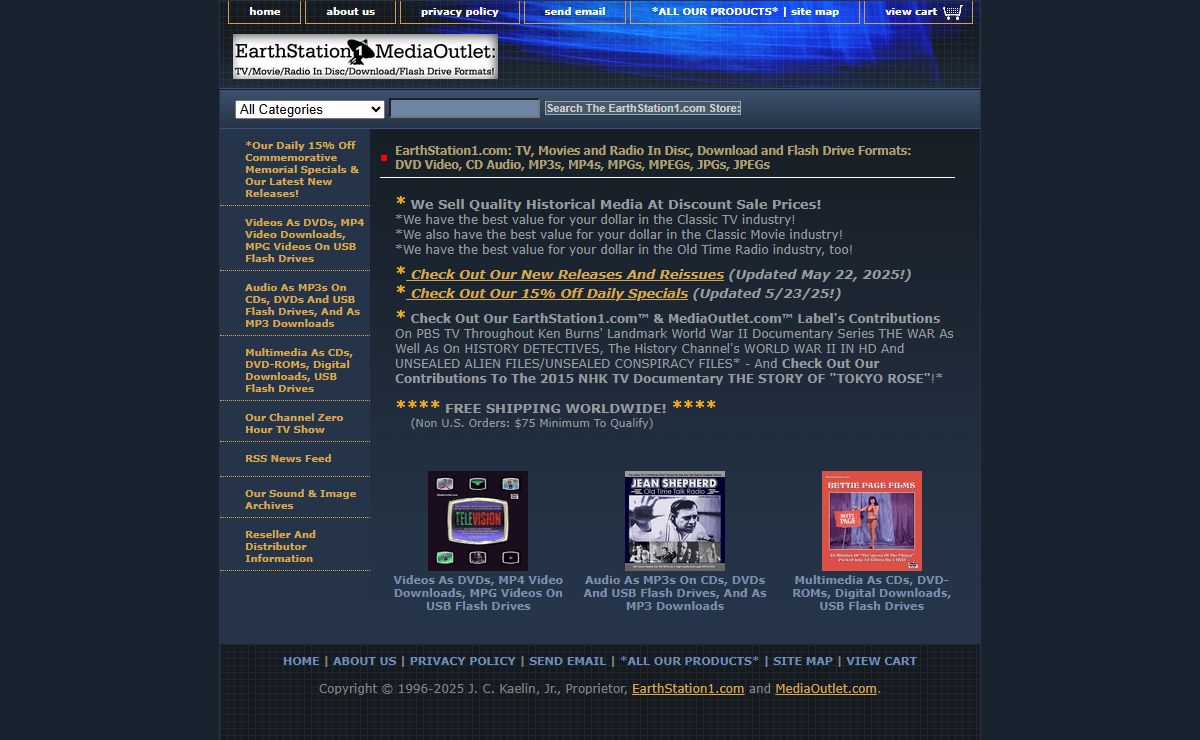 EarthStation1.com: TV, Movies and Radio In Disc, Download and Flash Drive Formats: DVD Video, CD Audio, MP3s, MP4s, MPGs, MPEGs, JPGs, JPEGs