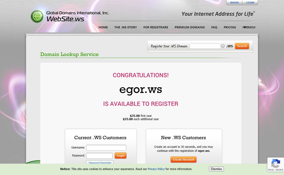 WEBSITE.WS - Your Internet Address For Life™