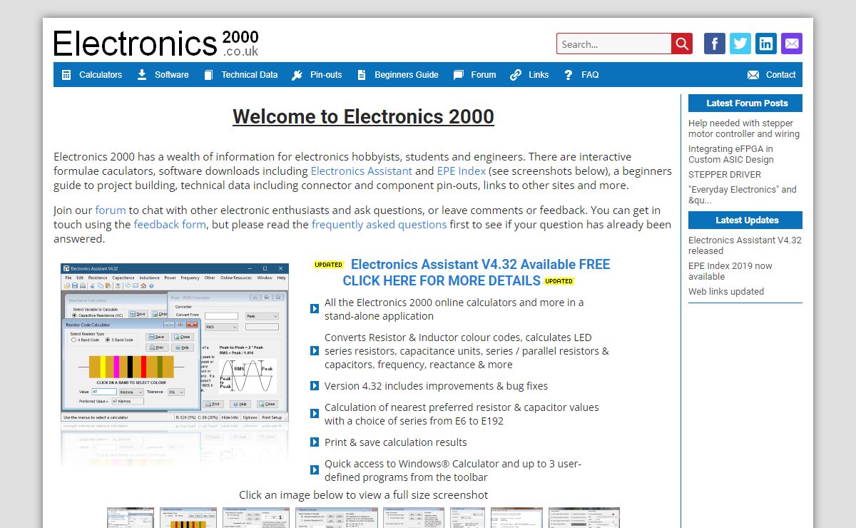 Electronics 2000 - Hobby Electronics - Software, Calculators, Technical Data, Pin-outs, Beginners Guide, Forum, Links...