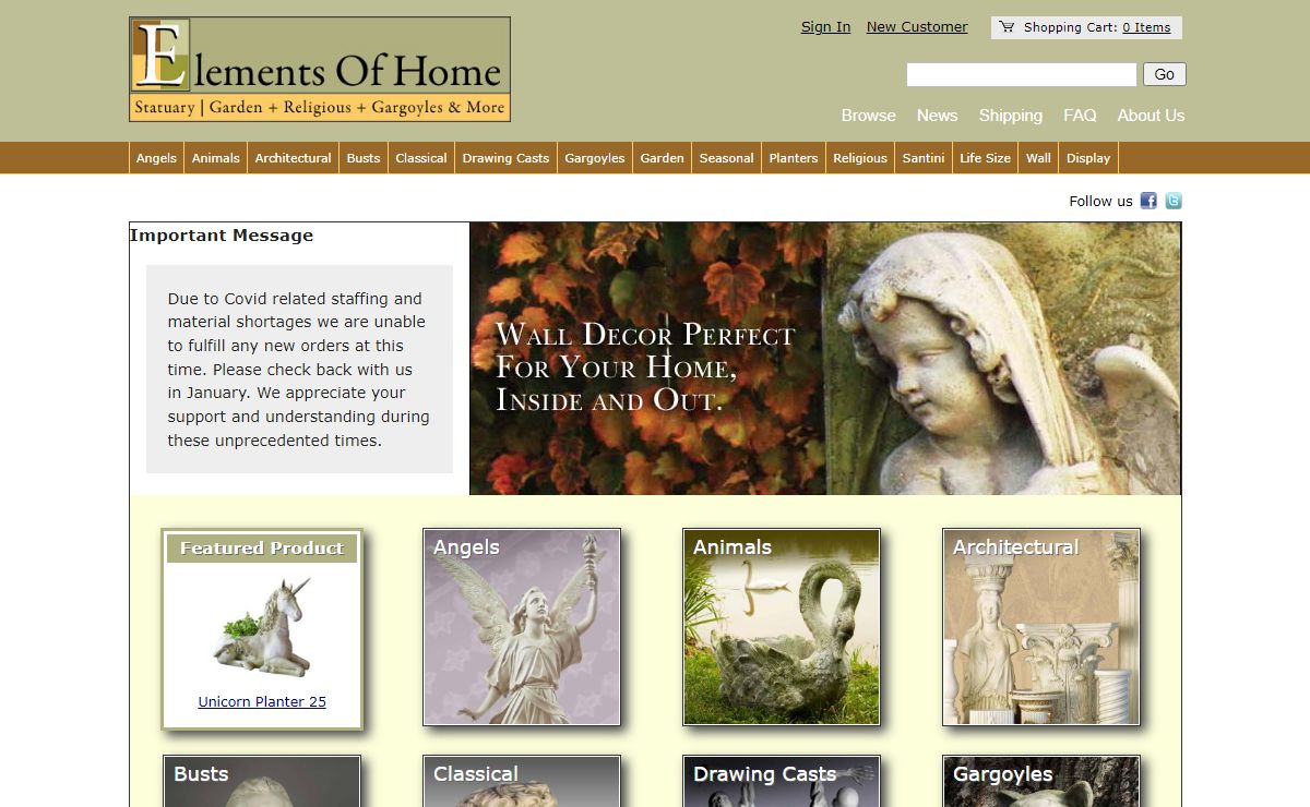 Elements of Home - Indoor and Outdoor Decor: Garden, Religious, Busts, Gargoyles, and More