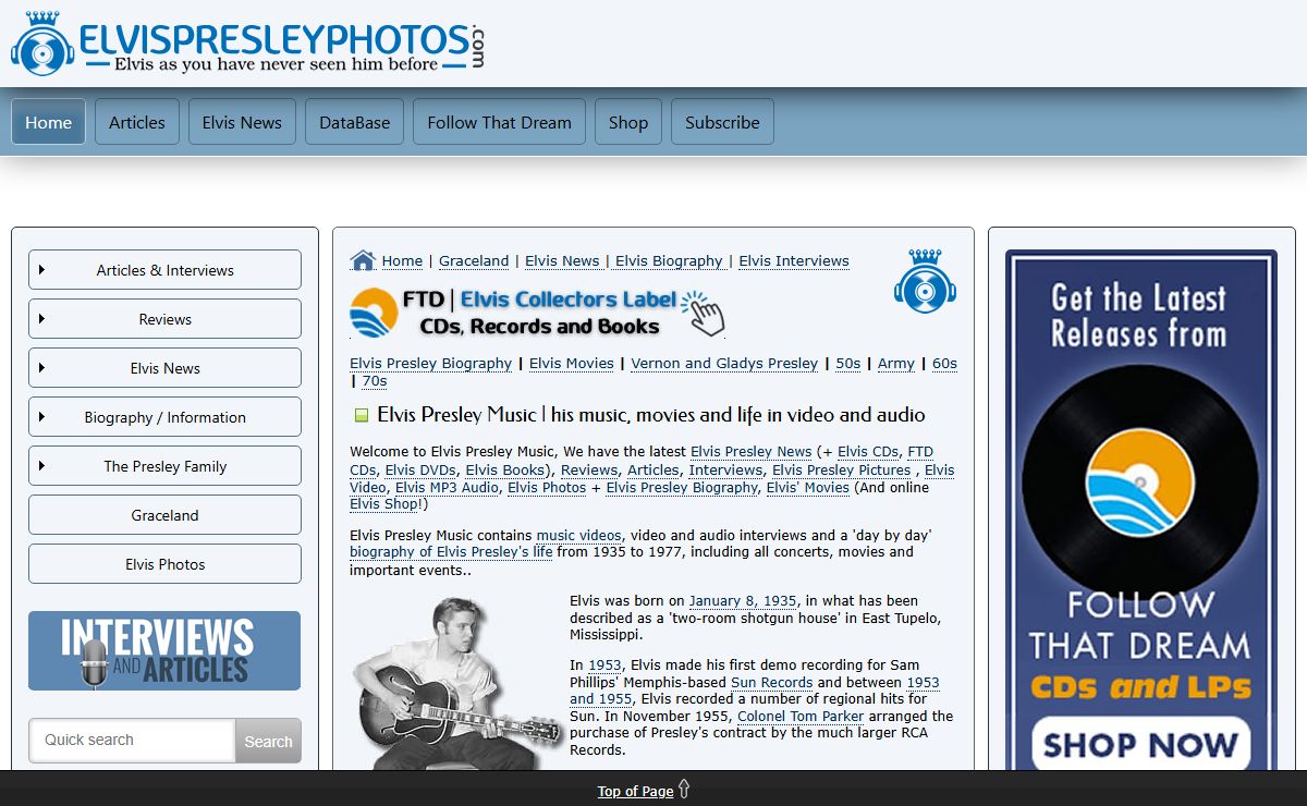 Elvis Presley Music - His music, concerts, movies and life in video and audio - Elvis Presley The King Of Rock 'N' Roll Music