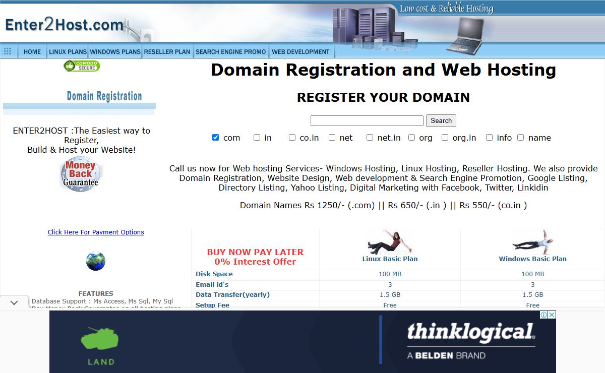 Linux Web Hosting, Windows Hosting, Domain Registration, Seo, Google Listing at Enter2host