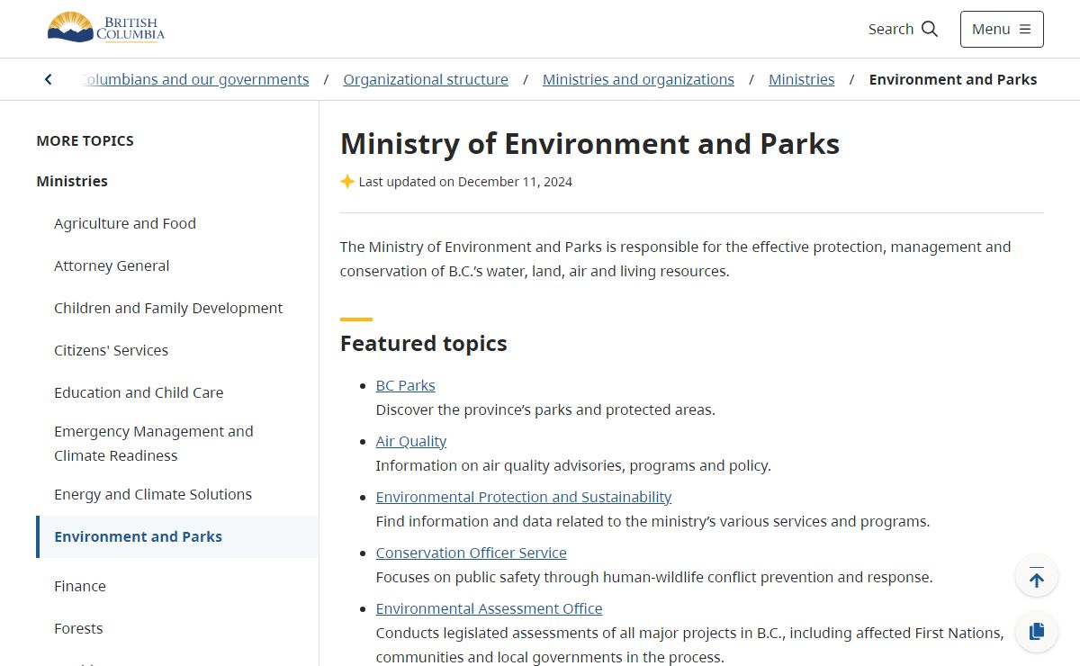 Ministry of Environment and Parks - Province of British Columbia